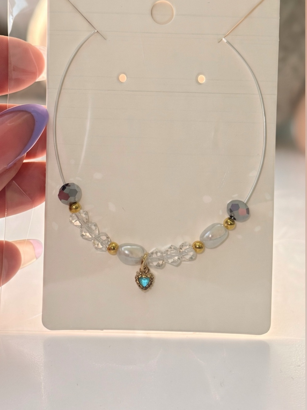 Delicate Pearl & Crystal Choker Necklace with Blue Heart Charm